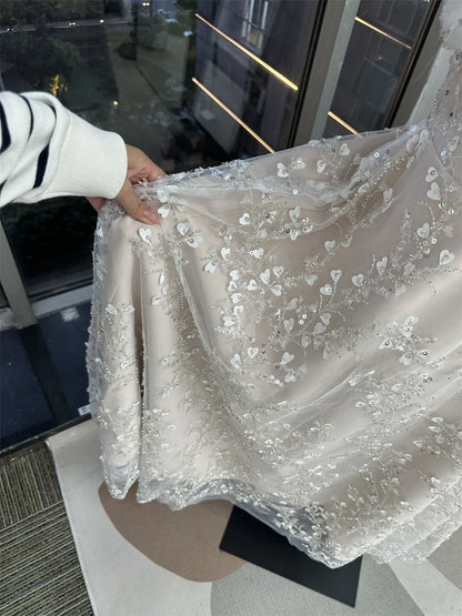 Champagn Tulle Evening dresses Off the Shoulder A-line Vestidos De Fiesta Elegant Long Sleeves Ankle-length  فساتين سهرة