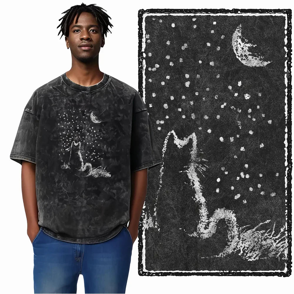 Cat Printed Cotton Acid Washed Exclusive Graphic Unisex T Shirt Cool Streetwear Men Tshirts Big Size Tee for Men