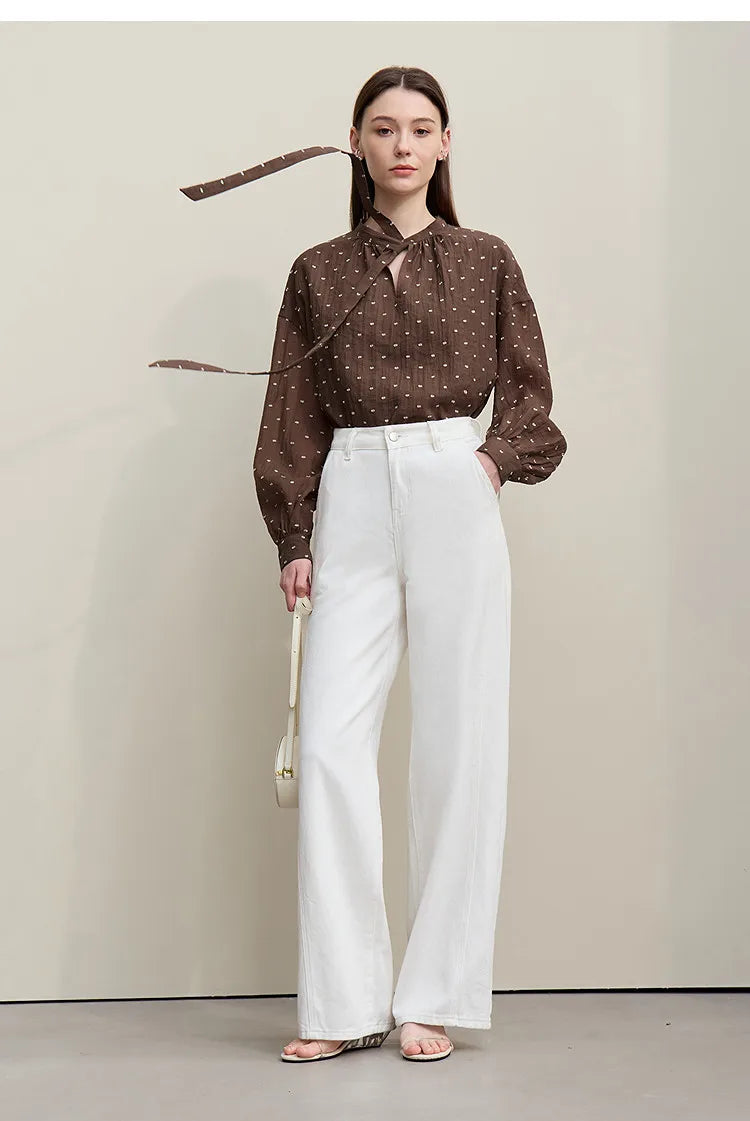 Women's Shirt 2026 Autumn New Polka Dot Chiffon Shirt Multi-Way Ribbon Women's Oversized Drop Shoulder Casual Tops 12641098
