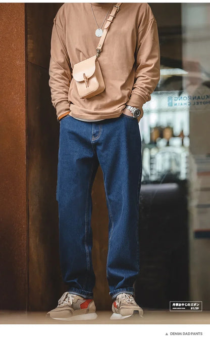 Men Vintage Washed Denim Jeans 12.8 OZ Straight Dark Blue Loose Casual Wide Leg Pants Male Streetwear Blue Jeans Trousers