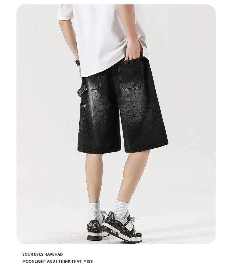 Men's Baggy Cargo Shorts Summer New Fashion Drawstring Straight Casual Jeans Streetwear Pocket Splicing Male Short Pants