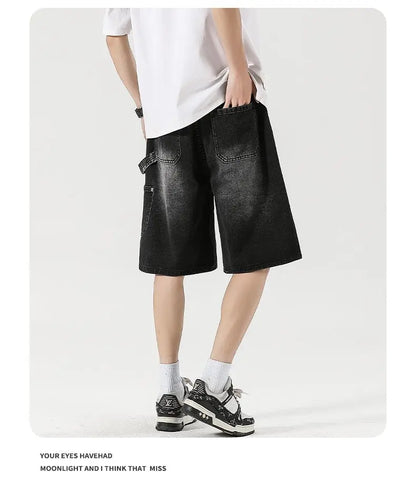 Men's Baggy Cargo Shorts Summer New Fashion Drawstring Straight Casual Jeans Streetwear Pocket Splicing Male Short Pants