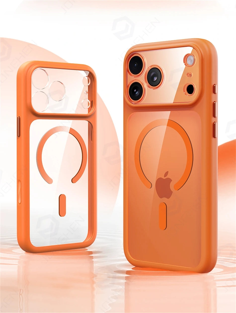 Magnetic Business Simplicity Shockproof Orange Bumper Camera Button Case For iPhone 17 16 15 14 Pro Max Clear Cover For Magsafe