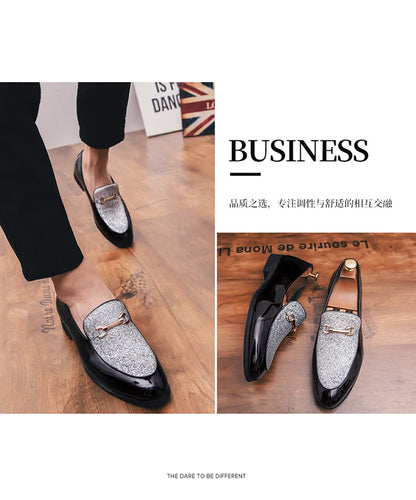Men's pointed suede formal shoes, retro new patchwork loafers mixed with slipper shoes, wedding dress leather shoes