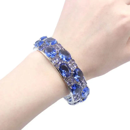 24x20mmEye Catching 51.2g Big Size Pink Kunzite Blue Aquamarine Violet Tanzanite Iolite Silver Bangle Bracelet 7.5inch