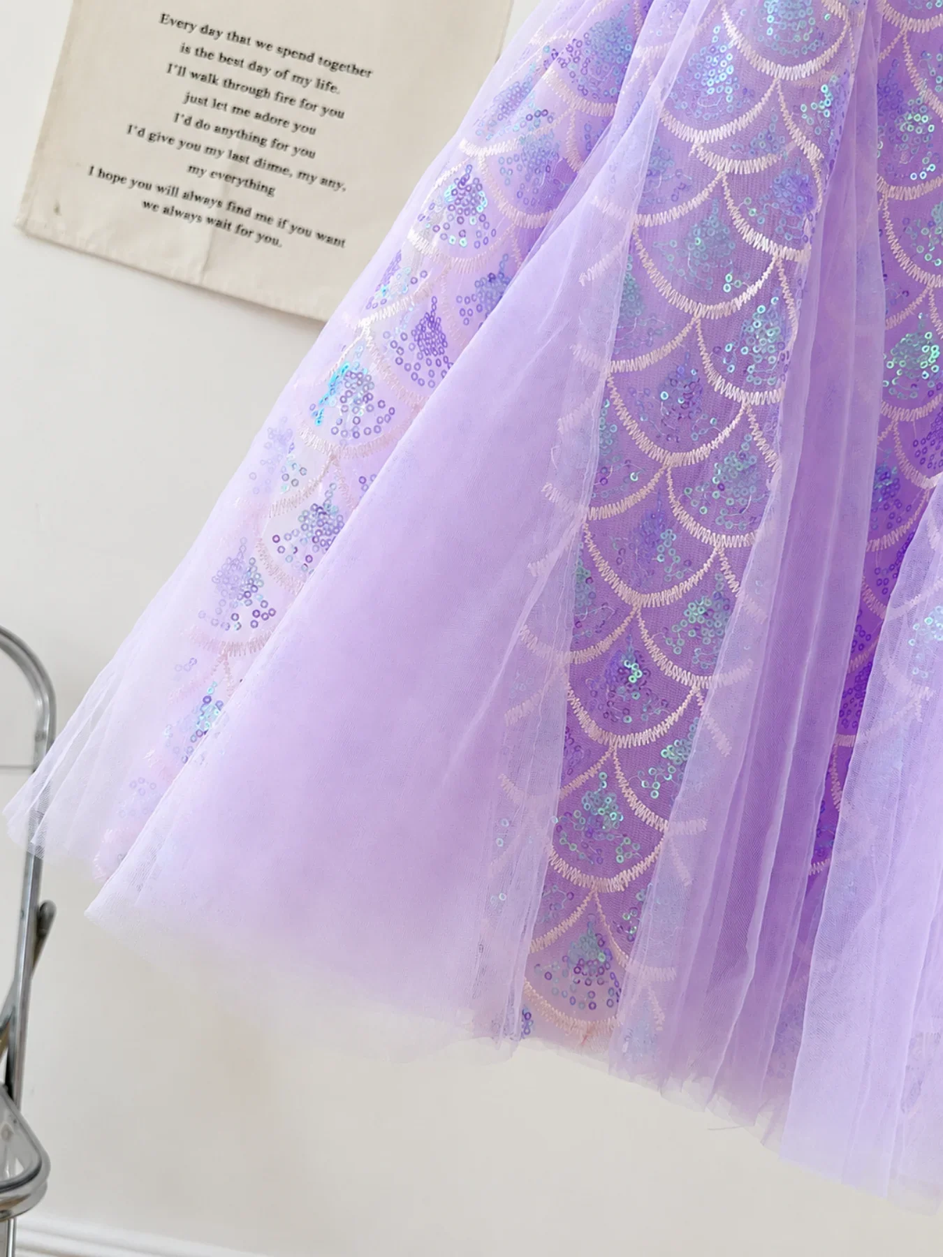 Girls Purple Mermaid Sequin Tulle Dress with Bow Veil Headband Kids Flutter Sleeve Princess Birthday Party Costume Dress