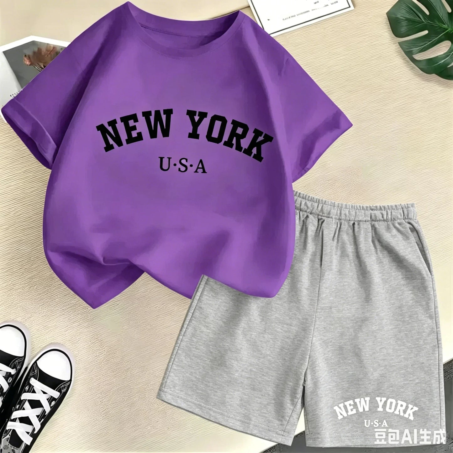 2026 New Kids Boys Girls New York Letter Pattern Cotton T-shirt+Shorts 2-Piece Set Casual Daily