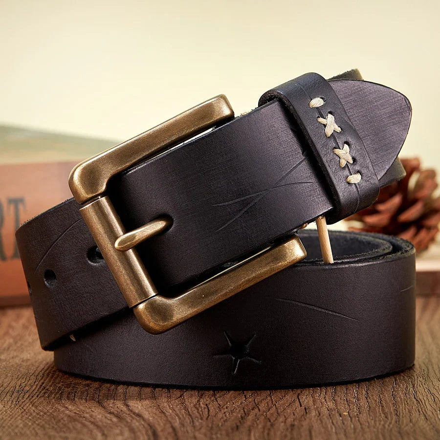 Vintage Genuine leather Luxury Handmade Leather Copper Buckle Man's Belt Cowhide Retro All-match Casual Jeans Soft Belt
