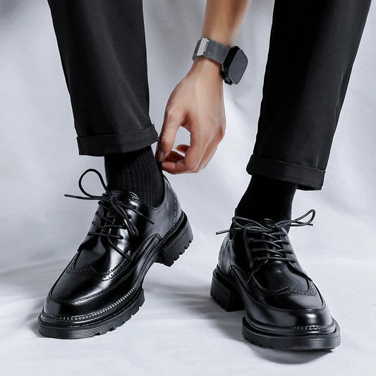 Men Korea Leather Platform Oxfords Slip on Thick Tottom for Male Derby Shoes Casual Loafers Mens Square Toe Formal Dress Shoes