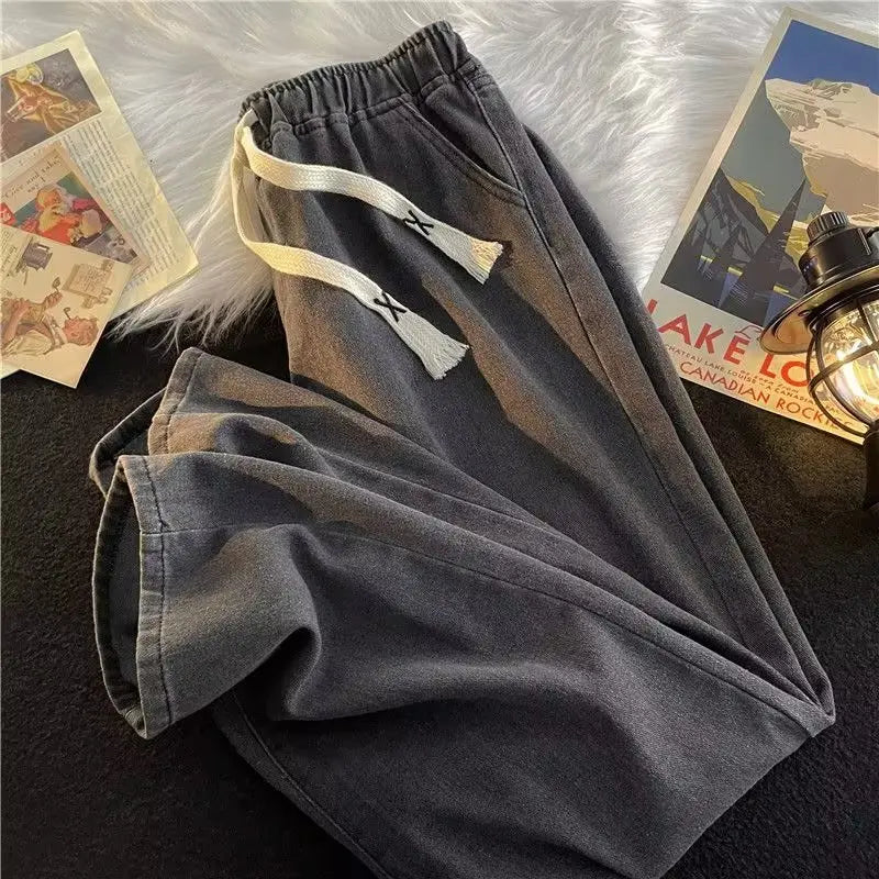 Casual Loose Straight Leg Men's Jeans Drawstring Elastic Waist Wide Leg Long Trousers High Street Fashion Denim Pants