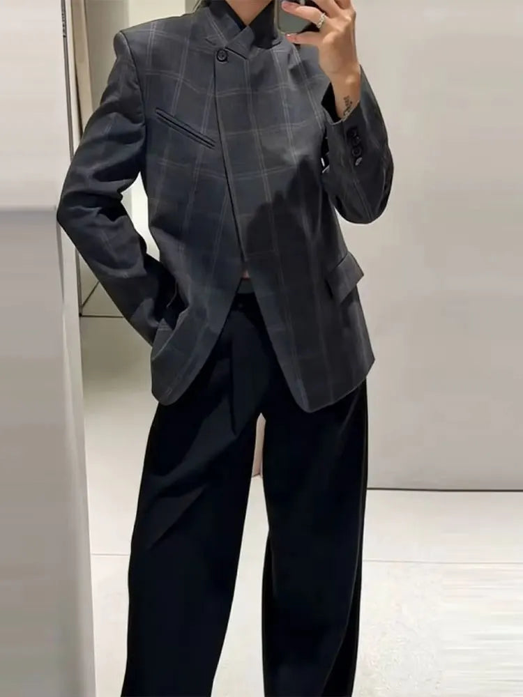 2026 Spring Blazer For Women Fashion Plaid Suit Coat Stand Collar Single Button Long Sleeve Jacket Female Fashion Streetwear