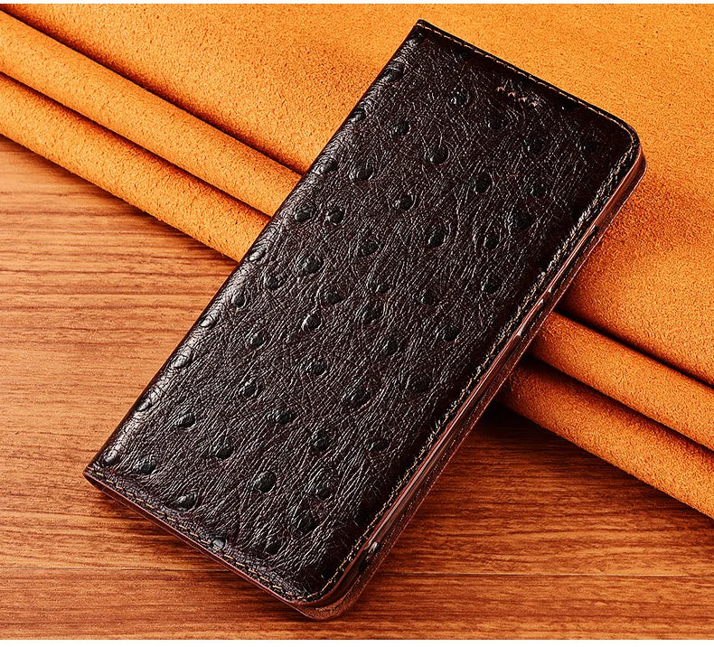 For iPhone 7 8 Plus X XS XR 11 12 13 14 15 16 Pro Mini SE 2020 Max OstrichPoint Genuine Leather Flip Case Wallet Funda Cover