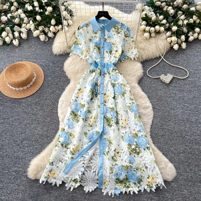 Embroidery Flower Vacation Dress French Style Blet Lapel Slim High Quality Hollow Out Ladies Elegant A-line Long Dress