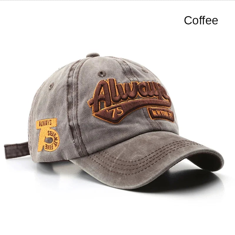 2025 Spring/Summer Unisex Cotton Baseball Cap Vintage Washed with Alphabet  ALWAYS Embroidery - Hip-Hop Inspired Snapback Design
