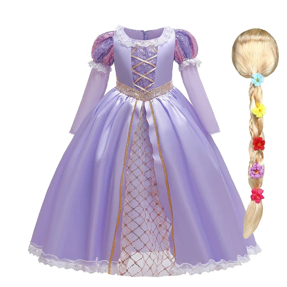 Girl Elegant Dress Kids Rapunzel Costume Children Halloween Birthday Sequin Tangled Dress Girl Carnival Lace Princess Party Gown