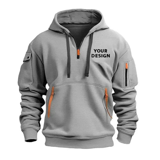 New Men's Sports Zipper Sweater, Loose Casual Sportswear with Arm Pockets, Customized Hooded Jacket with Your Logo