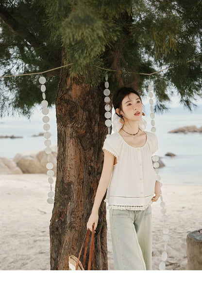 Embroidered French Shirt Women Summer 2025 Short Sleeve Round Neck Solid Blouses Female Fashion New Tops Lady MXE33X1744