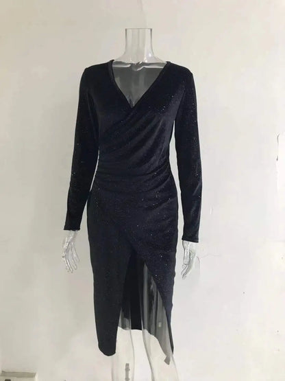 New Cross border Evening Dress Sexy Open Leg Long Sleeve Mid length Dress Golden Velvet Nightclub Dress