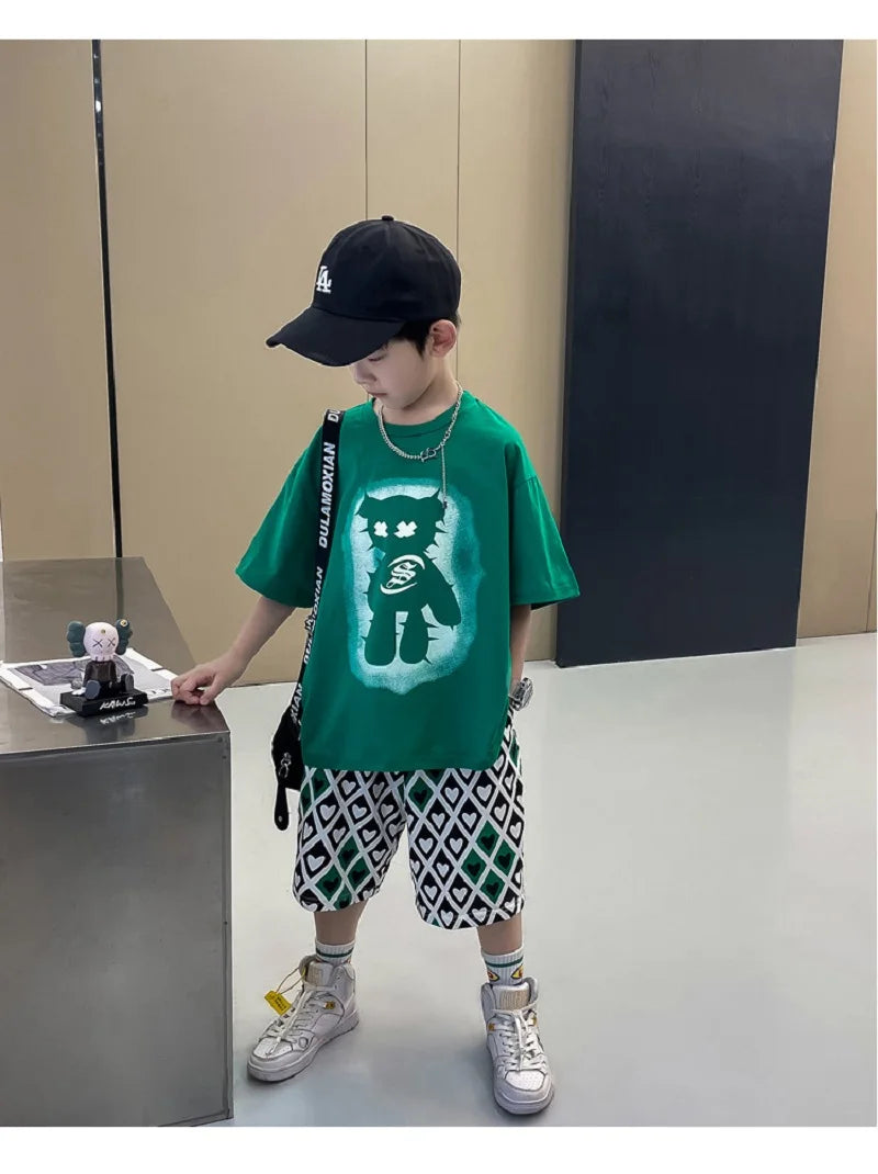 Summer Boys Cotton Short-Sleeved T-shirt Tops+Drawstring Shorts Pant School Kids 2PCS Tracksuit Child Outfit Workout Set 3-14 Yr