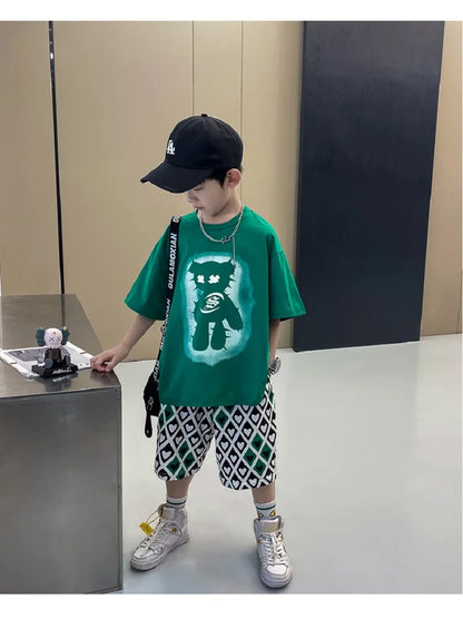Summer Boys Cotton Short-Sleeved T-shirt Tops+Drawstring Shorts Pant School Kids 2PCS Tracksuit Child Outfit Workout Set 3-14 Yr