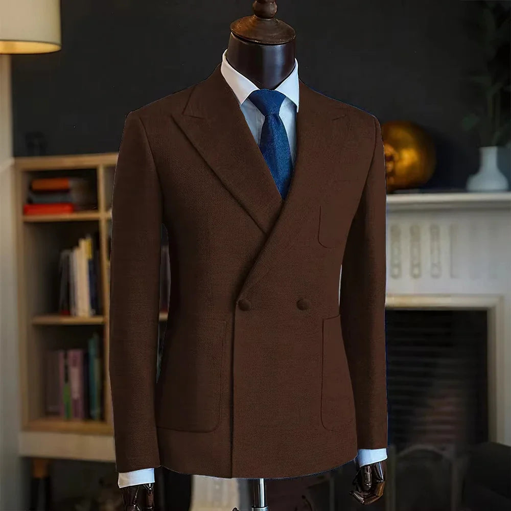 Luxury Men's Classic Suit Blazer Linen Double Breasted Notch Lapel Formal Groom Wedding Dress Jacket Lightweight Sport Coat