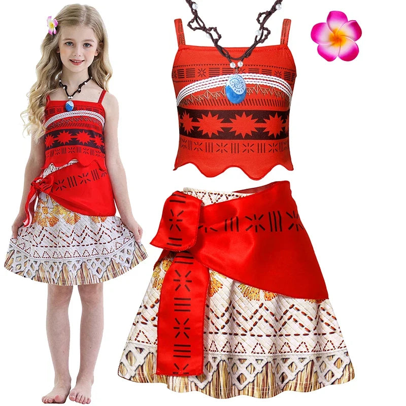 New Dress Girls Princess Clothes Kids Dress Up Vaiana Necklace Pig Chick Children Carnival Party Summer Costume Set 2-10T