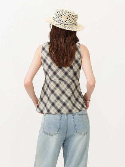 Retro Plaid Round Neck Slim Waist Sleeveless Shirt for Women New Summer 2026 Style with Ribbon Korean Style Y2k