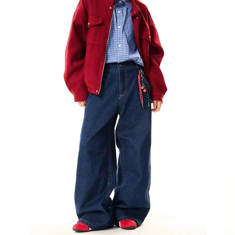New Korean Retro Blue Straight Leg Jeans Casual Loose Wide Leg Pants Fashion Men's Wide Jeans High Quality Pants