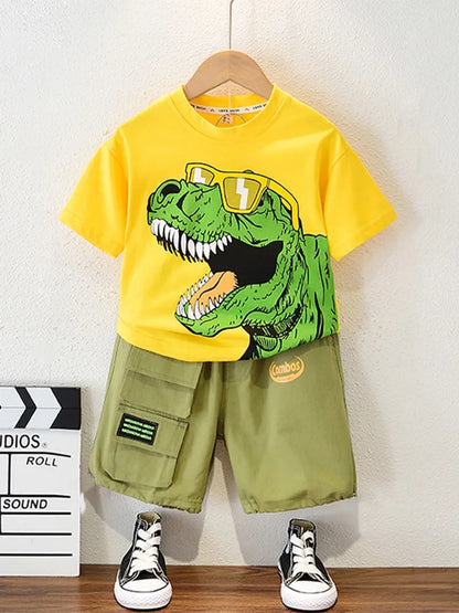 Summer New Baby Boy Clothes Set Child Pure Cotton Fashion Dinosaur Print Short Sleeve 2-Piece Set Cozy Children's Clothing