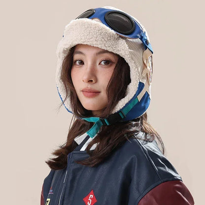 Niche Design Removable Glasses Pilot Hats for Men and Women Autumn Winter Outdoor Riding Warm Casual Versatile Retro Bomber Cap