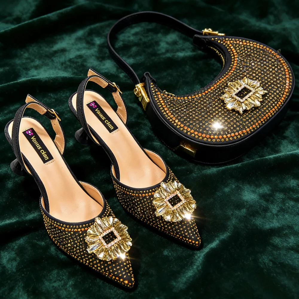 Blue Color Rhinestone Comfortable high heel shoe And Bag Fashion Style Pointed-Toe Shoes For Women Or Commuting Shoes