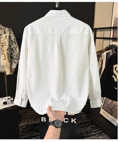 Casual Ice Silk Bubble Men's Anti-Wrinkle Summer Loose Fashionable Long Sleeve Shirt Urban Style Flip Collar Button Closure