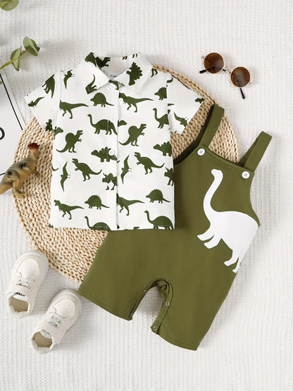 Spring and Summer Dinosaur Short Sleeve Shirt with Overalls 2-Piece Set