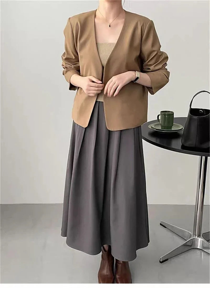 2025 Spring Autumn Fashion New Women's Suit Jackets Solid Short Coats Korean Blazers Long Sleeve Cardigan Coat Without Placket