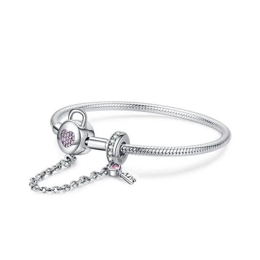 Bracelet chaîne serpent en argent sterling 925 avec breloque de sécurité en forme de cœur rose et de clé en zircon pour femme SCB143