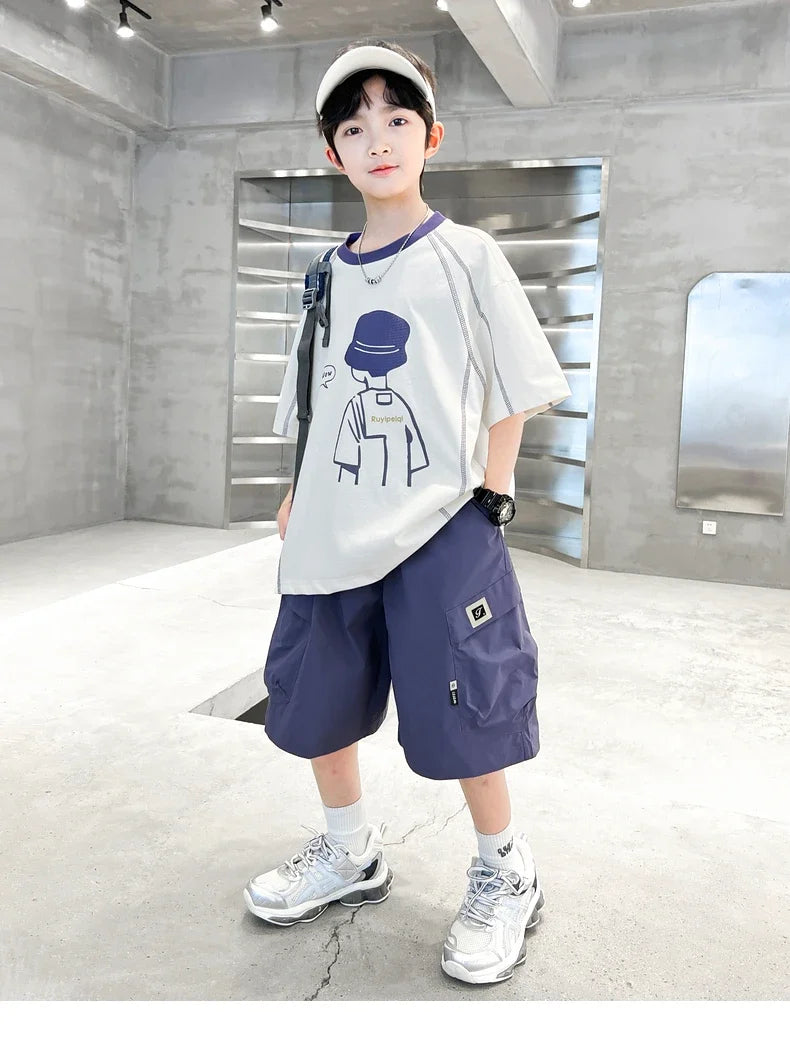 Teenage Summer Tracksuit for Boy with Shorts Tshirt 2 Piece Top and Bottom Clothes Set Kids Child Casual Cotton Outfit Suit Wear