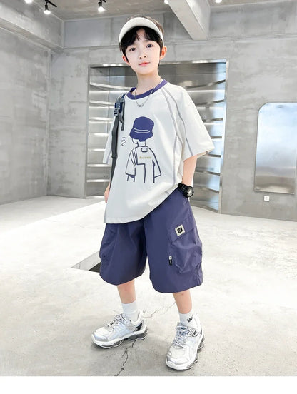 Teenage Summer Tracksuit for Boy with Shorts Tshirt 2 Piece Top and Bottom Clothes Set Kids Child Casual Cotton Outfit Suit Wear