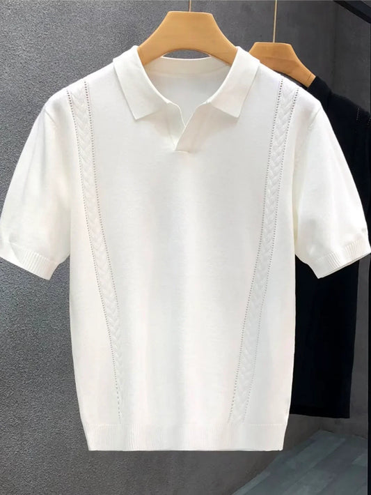 Wholesale Men Summer T-shirt Thin Knitted Ice Silk Short Sleeve 2025 New Youth Luxury Style Lapel Short-sleeved POLO Shir