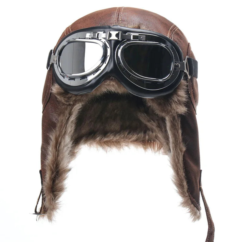 Men Winter Bomber Hat With Goggles Outdoor Motorcycle Windproof Warm Faux Fur Pilot Earflap Hat Leather Thermal Ushanka