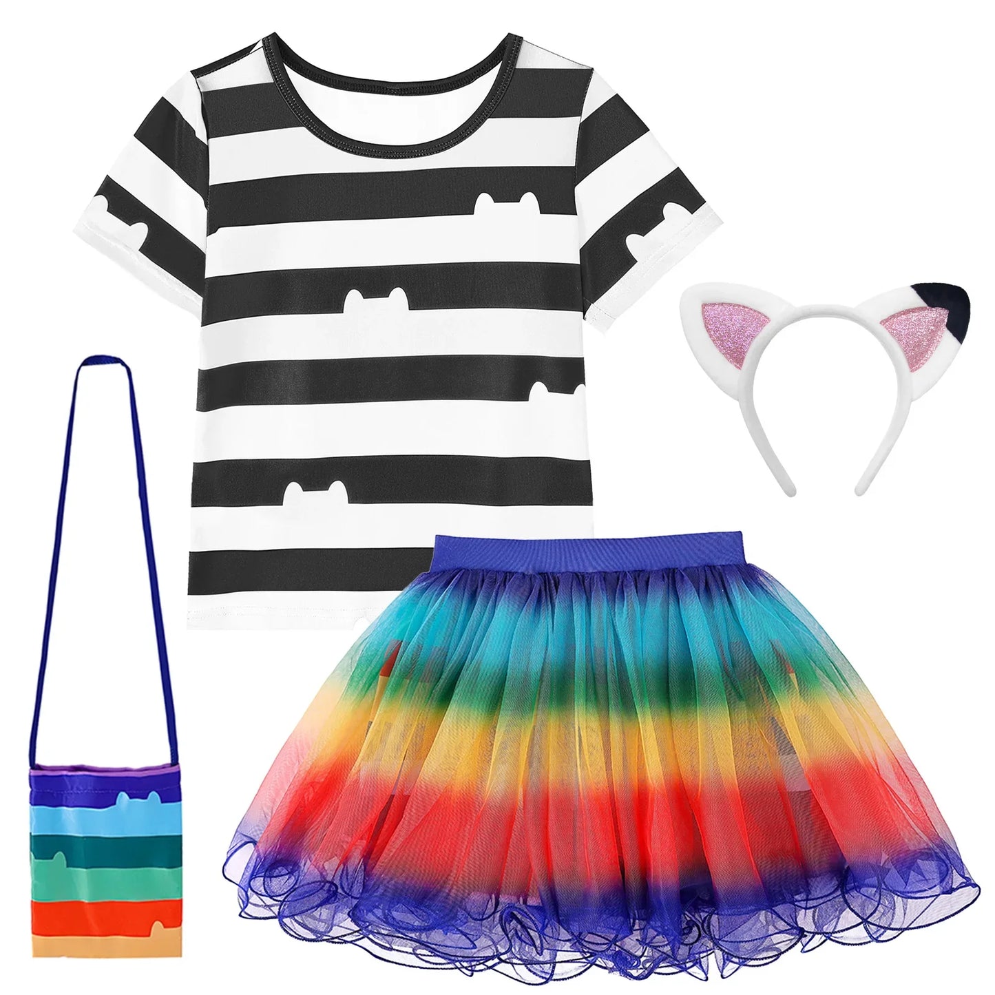Girls Rainbow Striped T-Shirt Tutu Skirt With Cat Ears Headband Set Halloween Carnival Cosplay Costume Kids Birthday Clothing