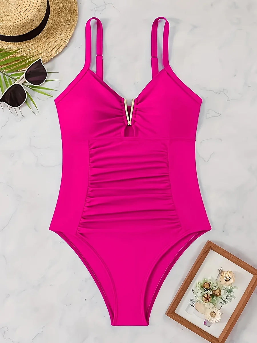 2026 V Neck Pleated Swimsuits Female Swimwear One Piece Swimsuit Women High Cut Bather Bathing Suit Swim Beachwear Slim Bodysuit