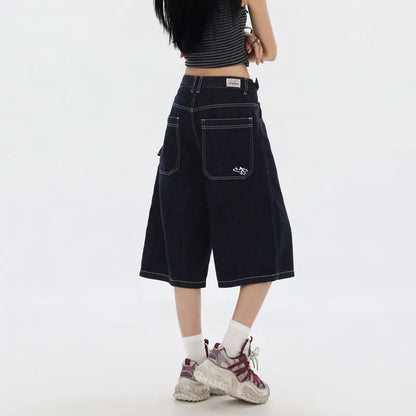 American High Street Fashion Loose Denim Shorts Retro Wide Leg Crop Pants Women Y2k High Waisted Embroidery Casual Mid Trouser