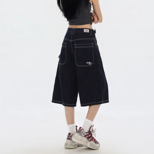 American High Street Fashion Loose Denim Shorts Retro Wide Leg Crop Pants Women Y2k High Waisted Embroidery Casual Mid Trouser