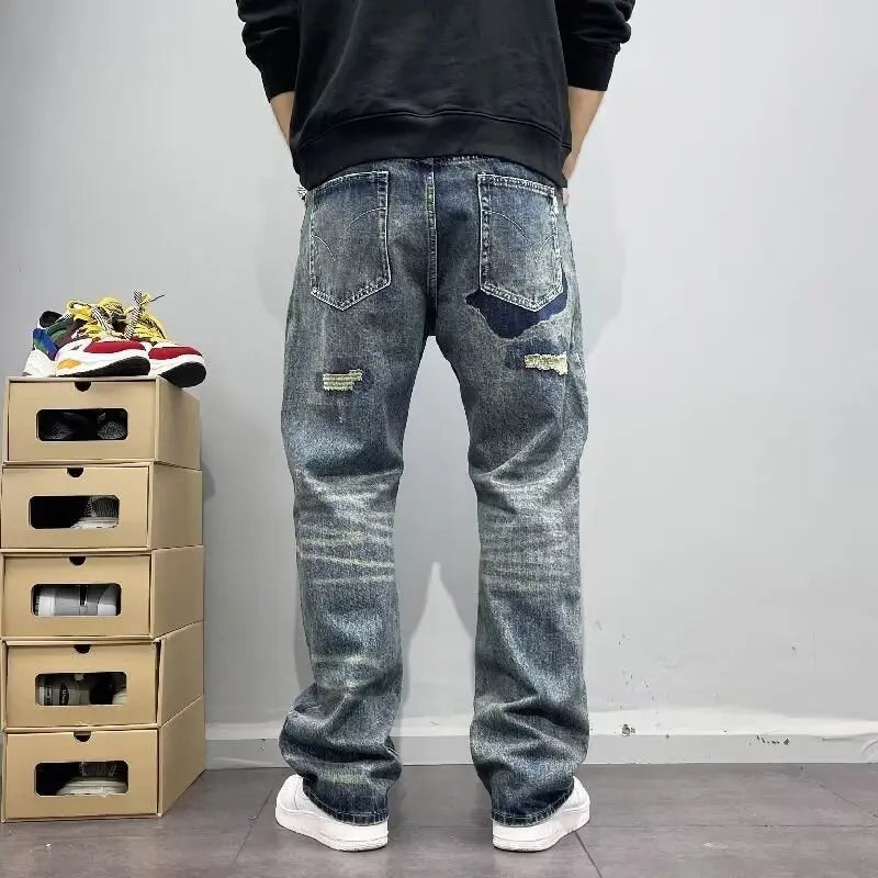 Korean Retro Ripped Jeans Embroidered Slim Fit Men'S Straight Leg Pants Graffiti Jeans Fashion Casual Pants