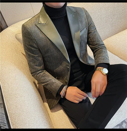 2025 Fashion Leather Neck Spliced Suit Jacket Luxury Men's Business Slim Fit Social Formal Blazers Coats Wedding Groom Tuxedos