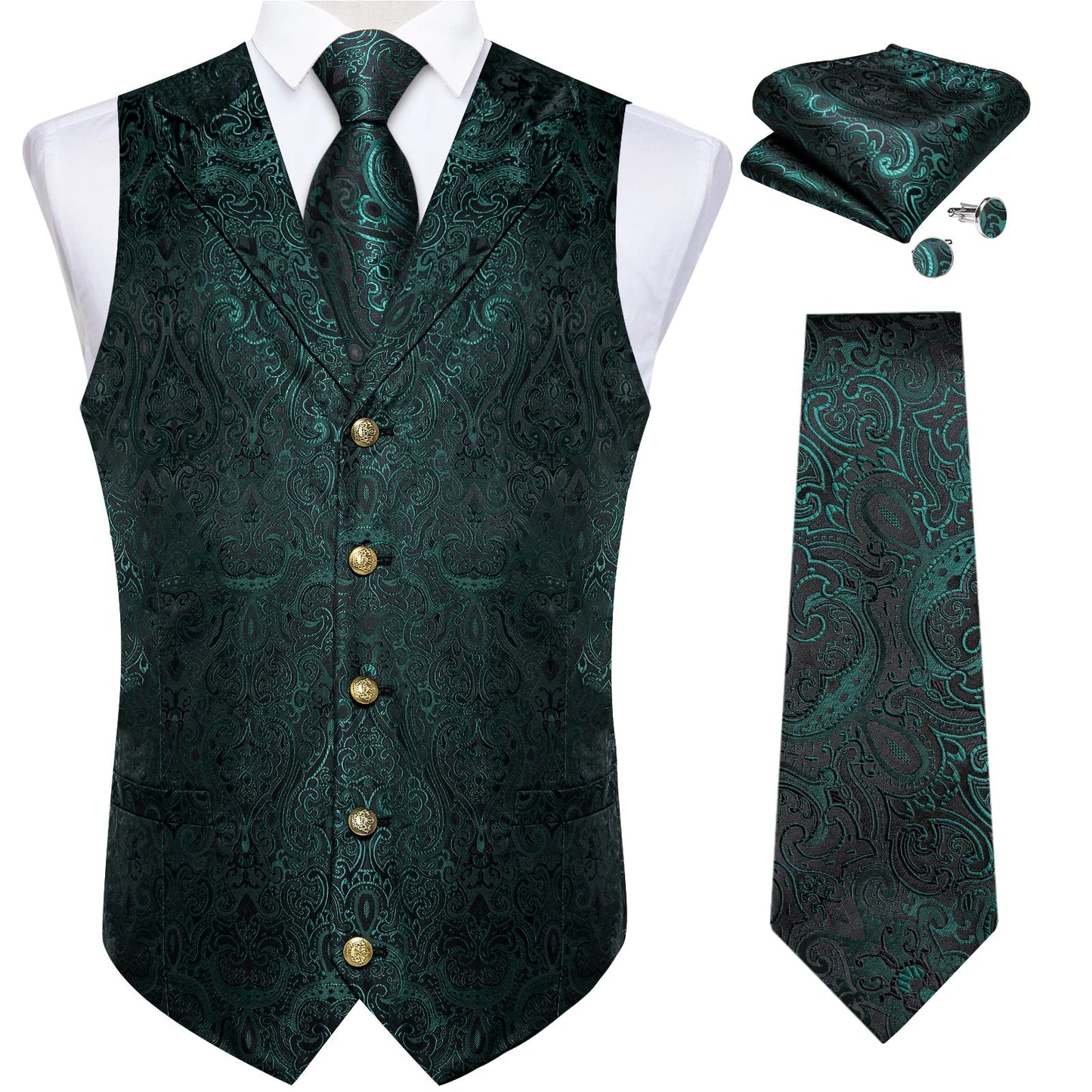 Men's Vest Tie Set Paisley Tuxedo Suit Waistcoat and Necktie Hankerchief Cufflinks for Wedding Party Groom Clothing