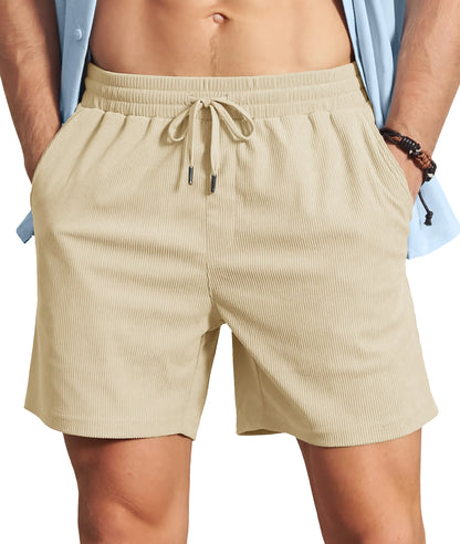 Men's Corduroy Texture Casual Shorts 6" Inseam for Summer Beach Vacation Elastic Waist Drawstring Lightweight Pockets