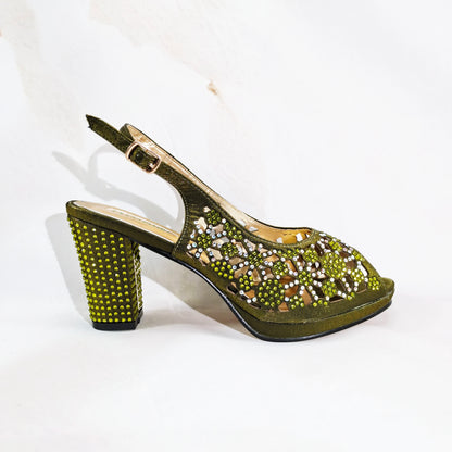 2025 New Rhinestone Design African-Inspired Shoe and Bag Set Olive Toe-Exposing Comfortable Women's High Heels Trending on INS