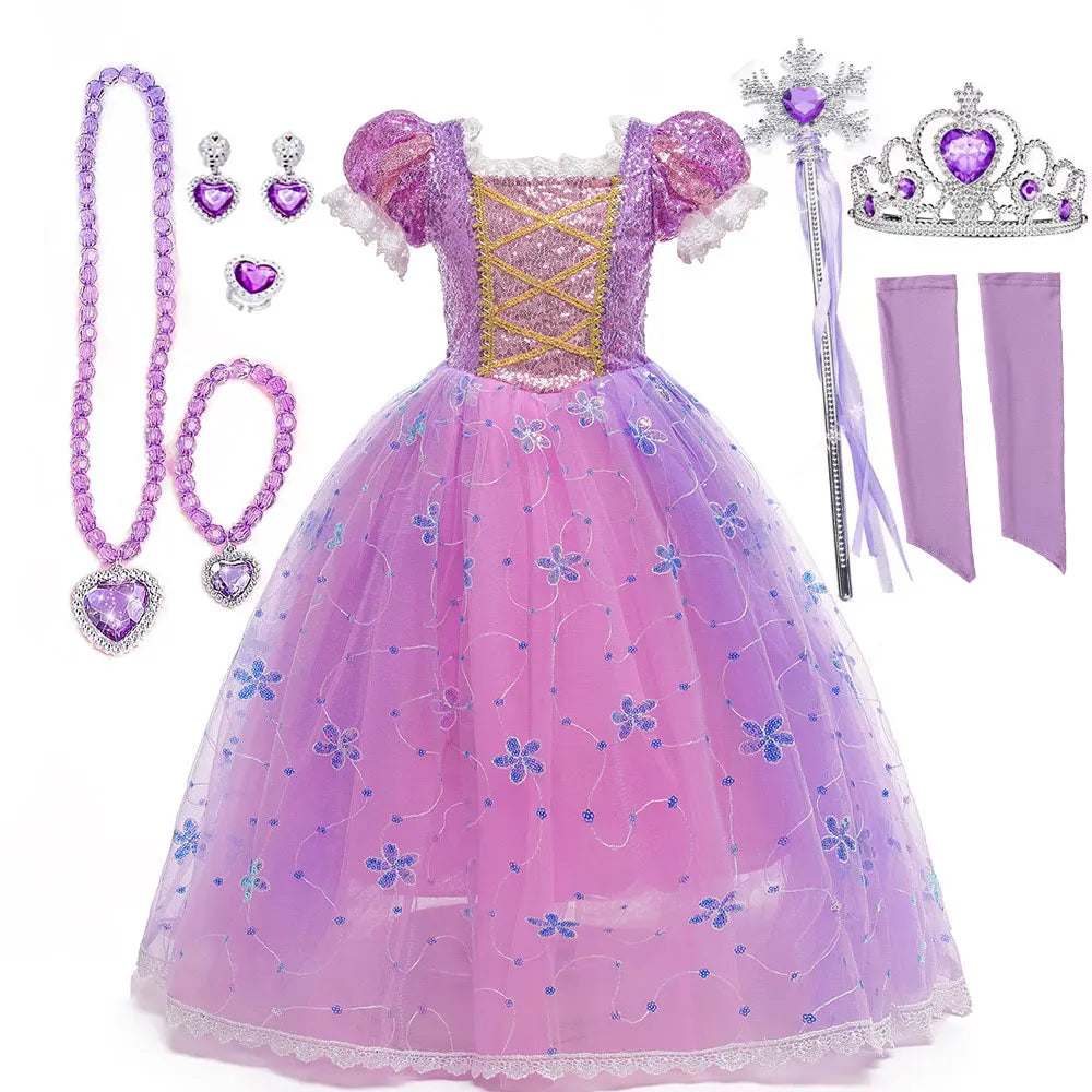 Girls Birthday Party Deluxe Rapunzel Dress With Sequined Bodice Tangled Movie Cosplay Princess Costume Carnival Fairy Tale Gown