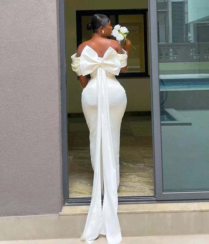 Vintage Off The Pleat Lace Applique Mermaid Wedding Dresses Back Bow Seath Bridal Gown